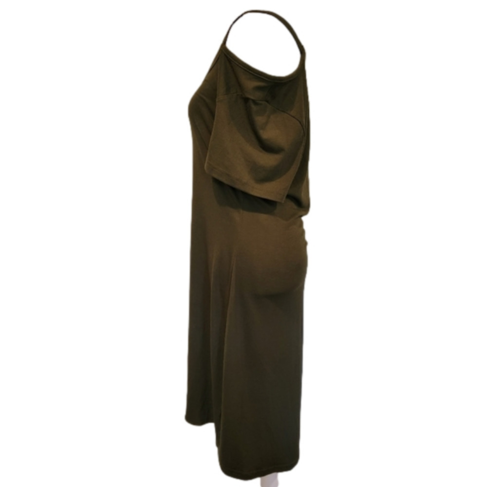 Berryou Cold Shoulder Army Green T-shirt Midi Dress with Ruched Hem Size L - Picture 4 of 12